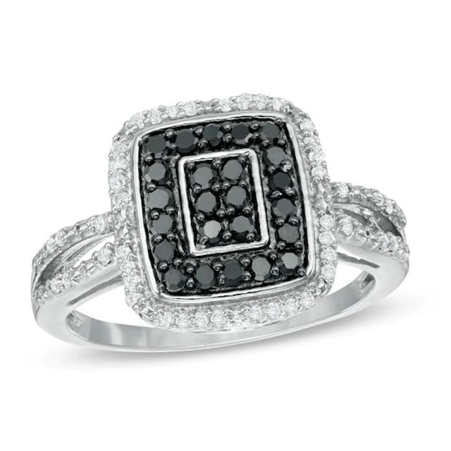 1/2 CT. T.w. Enhanced Black and White Composite Diamond Double Rectangle Frame Ring in Sterling Silver