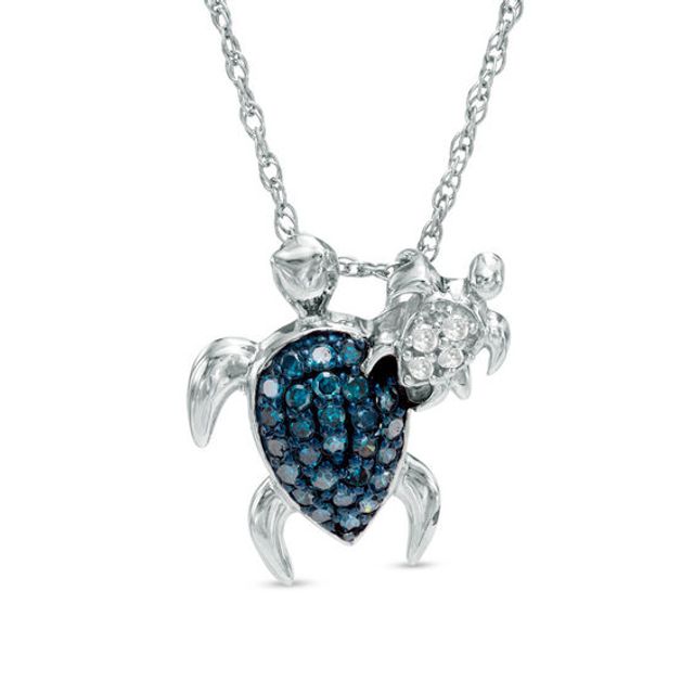 1/4 CT. T.w. Enhanced Blue and White Diamond Motherly Love Turtle Pendant in Sterling Silver