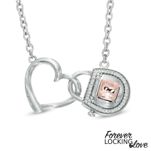 Forever Locking Loveâ¢ 1/6 CT. T.w. Diamond Heart and Lock Necklace in Sterling Silver and 10K Rose Gold