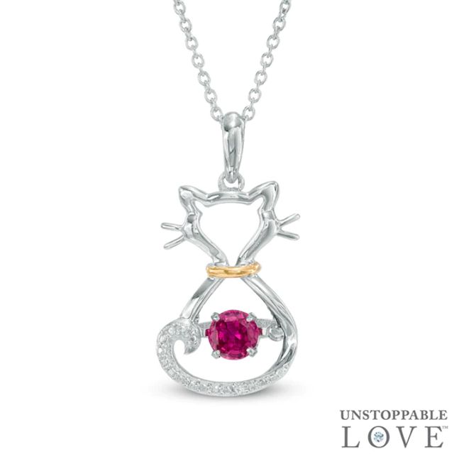 4.0mm Lab-Created Ruby and White Sapphire Cat Pendant in Sterling Silver and 14K Gold Plate