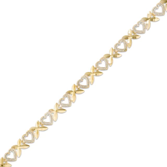 Alternating "X" and Heart Bracelet in 10K Two-Tone Gold - 7.25"