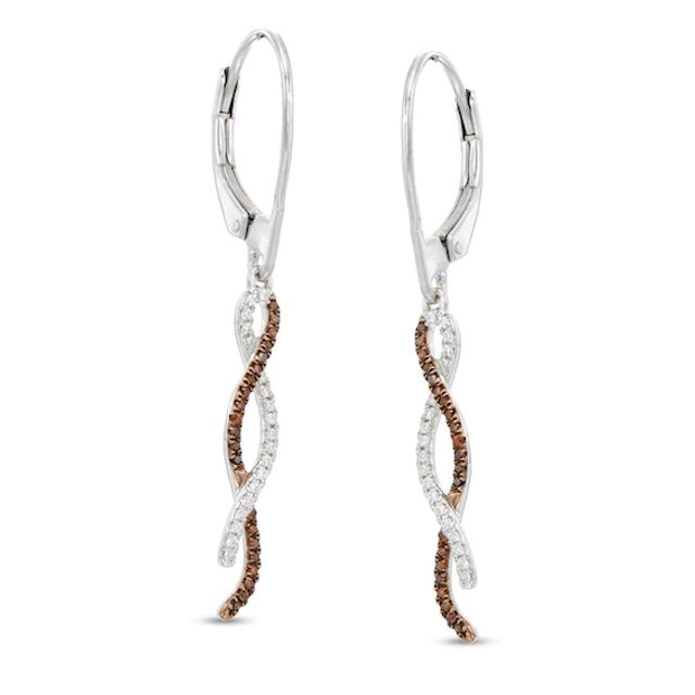 1/5 CT. T.w. Enhanced Cognac and White Diamond Ribbon Twist Drop Earrings in 10K White Gold