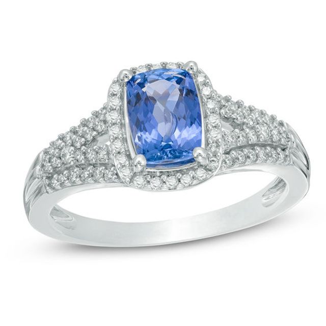 Cushion-Cut Tanzanite and 1/4 CT. T.w. Diamond Frame Engagement Ring in 14K White Gold