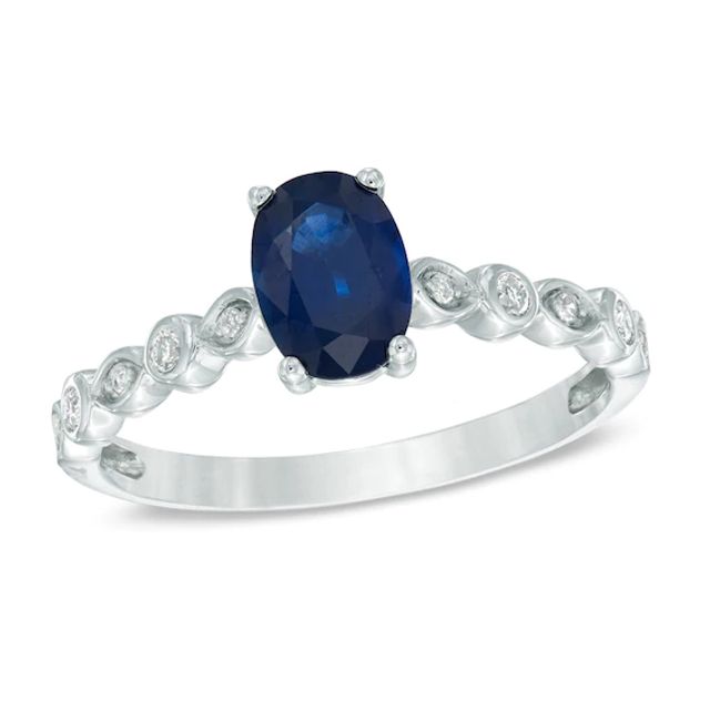Oval Blue Sapphire and Diamond Accent Engagement Ring in 14K White Gold