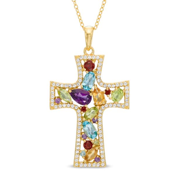 Multi-Gemstone Cluster Cross Pendant in Sterling Silver and 18K Gold Plate