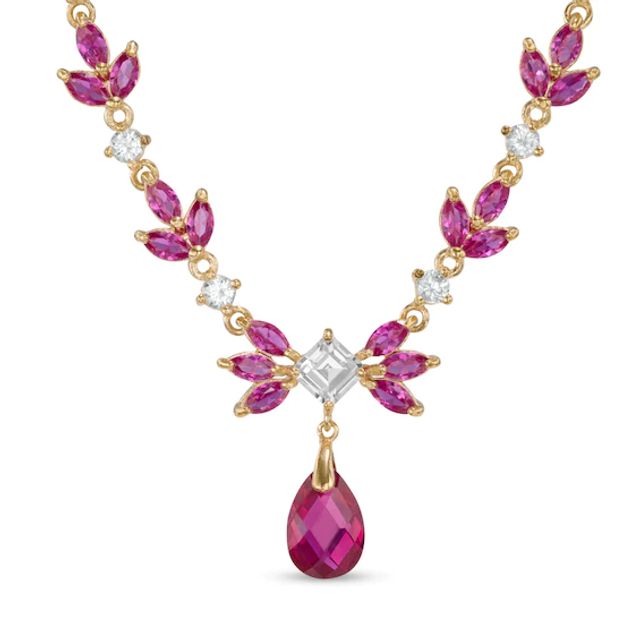 Multi-Shaped Lab-Created Ruby and White Sapphire Flower Necklace in Sterling Silver and 18K Gold Plate - 17"