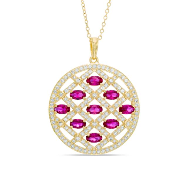 Oval Lab-Created Ruby and White Sapphire Lattice Pendant in Sterling Silver and 18K Gold Plate