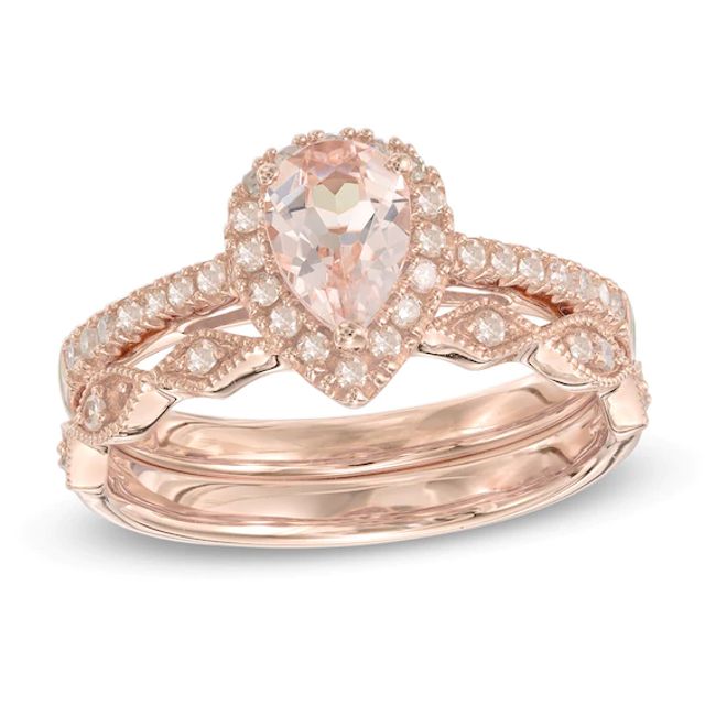 Pear-Shaped Morganite and 1/4 CT. T.w. Diamond Frame Vintage-Style Bridal Set in 14K Rose Gold