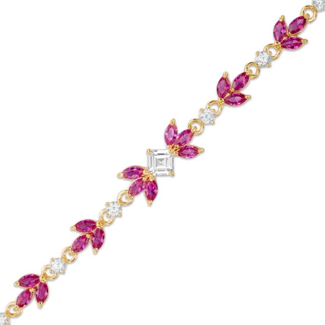 Lab-Created Ruby and White Sapphire Flower Bracelet in Sterling Silver and 18K Gold Plate - 7.25"