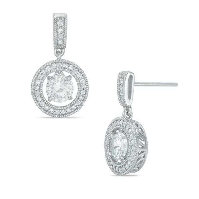 5.5mm Lab-Created White Sapphire Frame Vintage-Style Drop Earrings in Sterling Silver