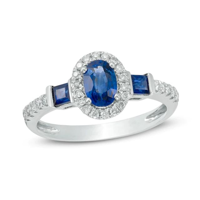 Oval Blue Sapphire and 1/5 CT. T.w. Diamond Frame Engagement Ring in 14K White Gold