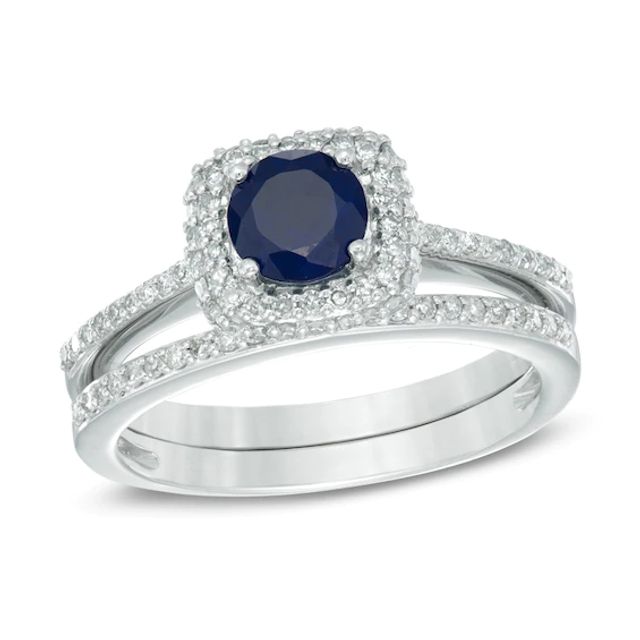 5.5mm Blue Sapphire and 1/2 CT. T.w. Diamond Frame Bridal Set in 14K White Gold