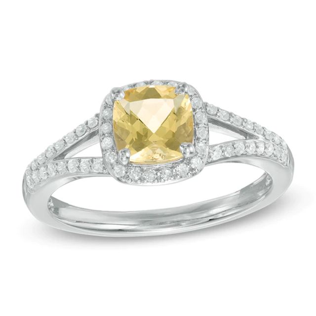 6.0mm Cushion-Cut Yellow Beryl and 1/5 CT. T.w. Diamond Frame Engagement Ring in 14K White Gold