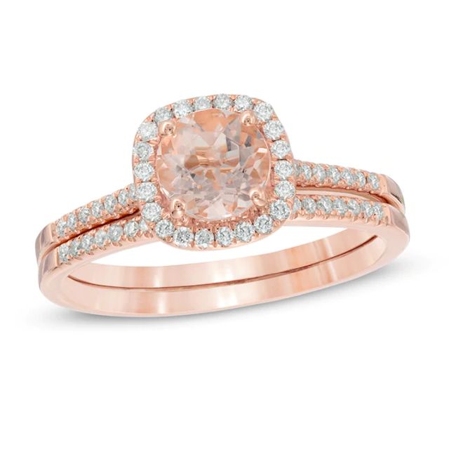 6.0mm Morganite and 1/4 CT. T.w. Diamond Frame Bridal Set in 14K Rose Gold