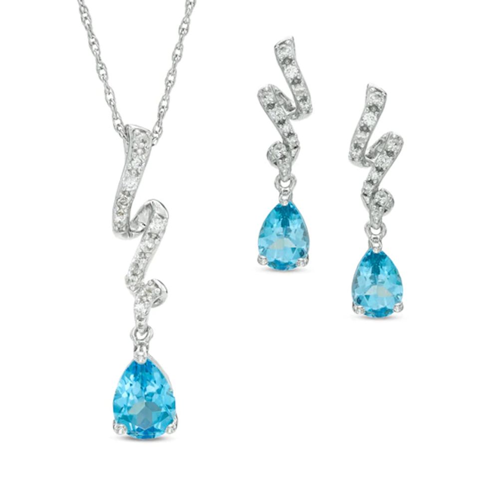 Pear-Shaped Blue Topaz and Lab-Created White Sapphire Ribbon Pendant and Earrings Set in Sterling Silver