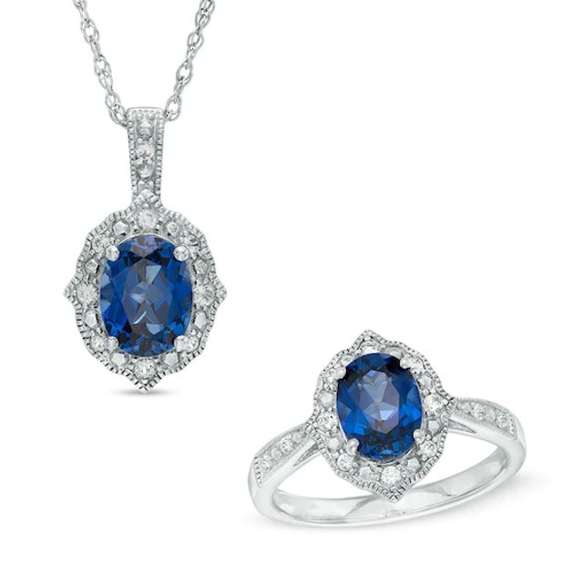 Oval Lab-Created Blue and White Sapphire Vintage-Style Frame Pendant and Ring Set in Sterling Silver