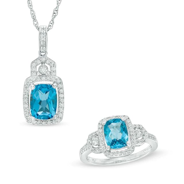 Blue Topaz and Lab-Created White Sapphire Pendant and Framed Ring Set in Sterling Silver