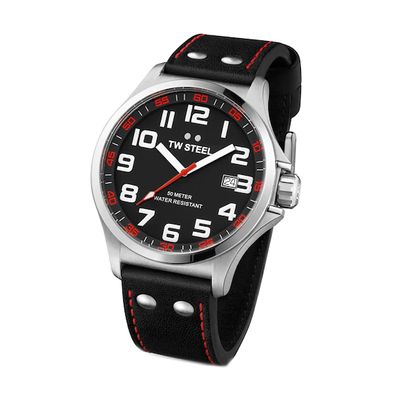 Men's TW Steel Pilot Leather Strap Watch with Black Dial (Model: Tw411)