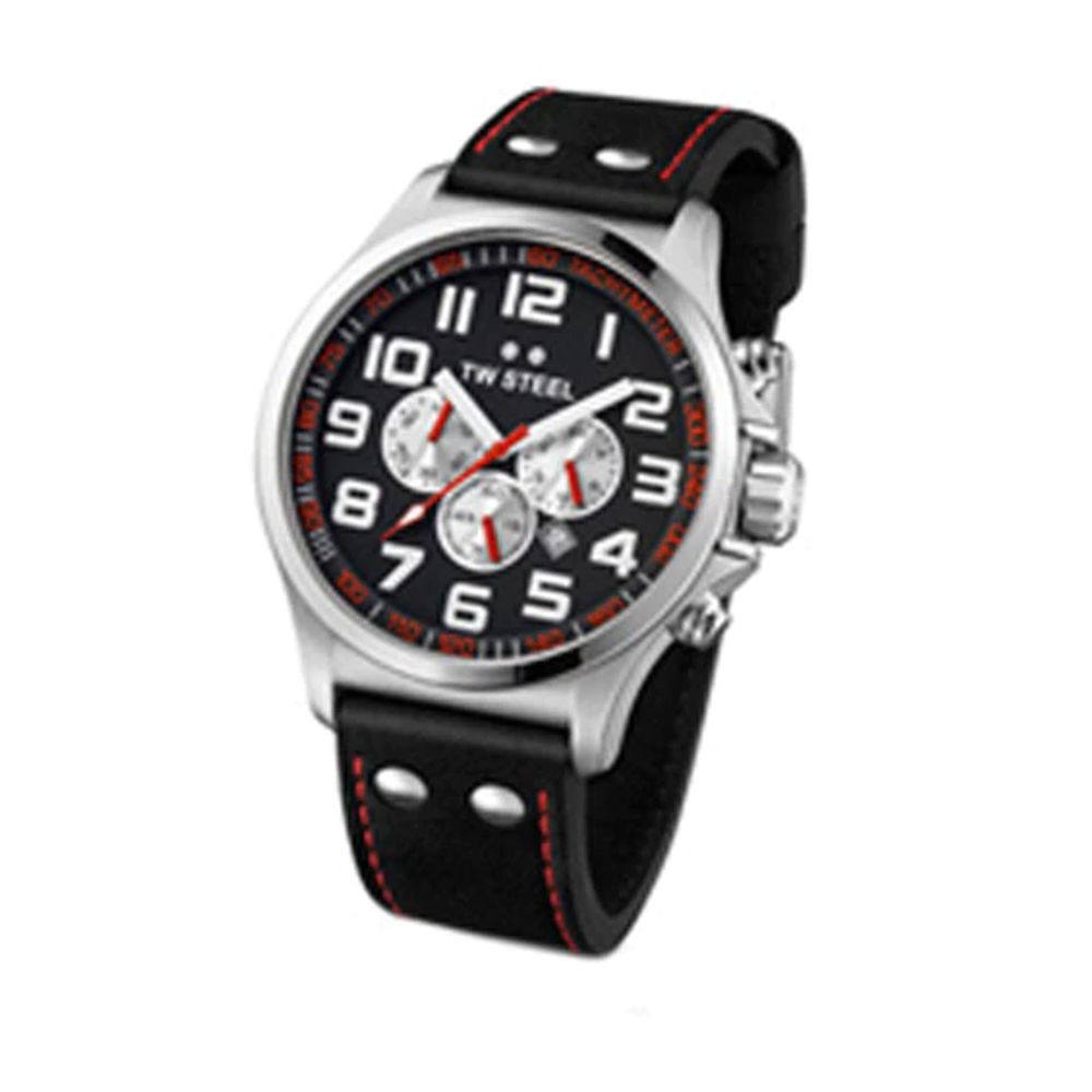 Men's TW Steel Pilot Chronograph Leather Strap Watch with Black Dial (Model: Tw415)