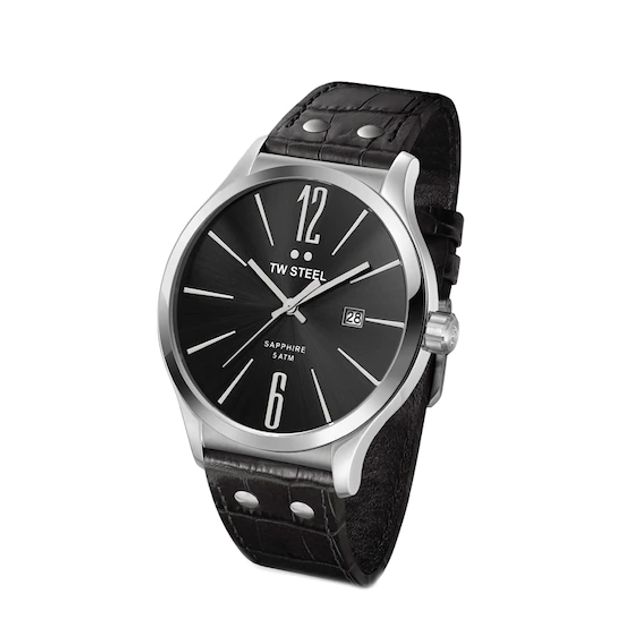 Men's TW Steel Slim Line Leather Strap Watch with Black Dial (Model: Tw1300)