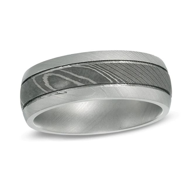Men's 8.0mm Comfort Fit Double Groove Damascus Stainless Steel Wedding Band - Size 10
