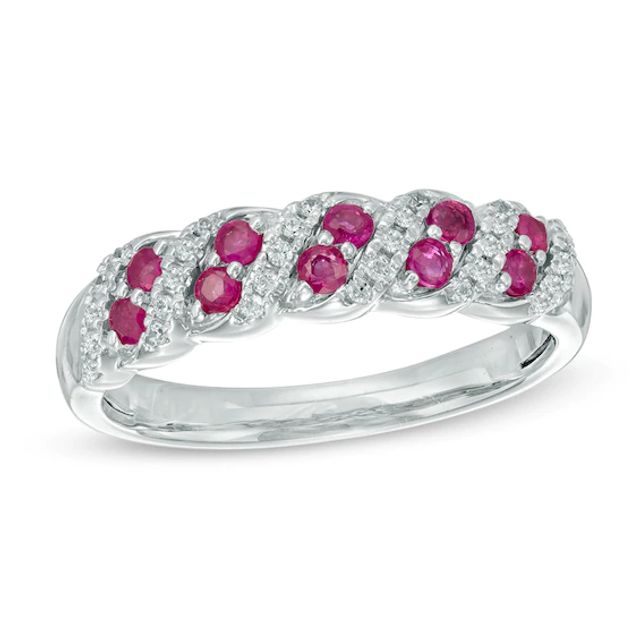 Lab-Created Ruby and 1/8 CT. T.w. Diamond Twist Band in 10K White Gold