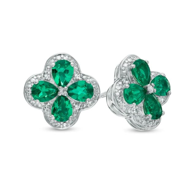 Pear-Shaped Lab-Created Emerald and White Sapphire Clover Stud Earrings in Sterling Silver