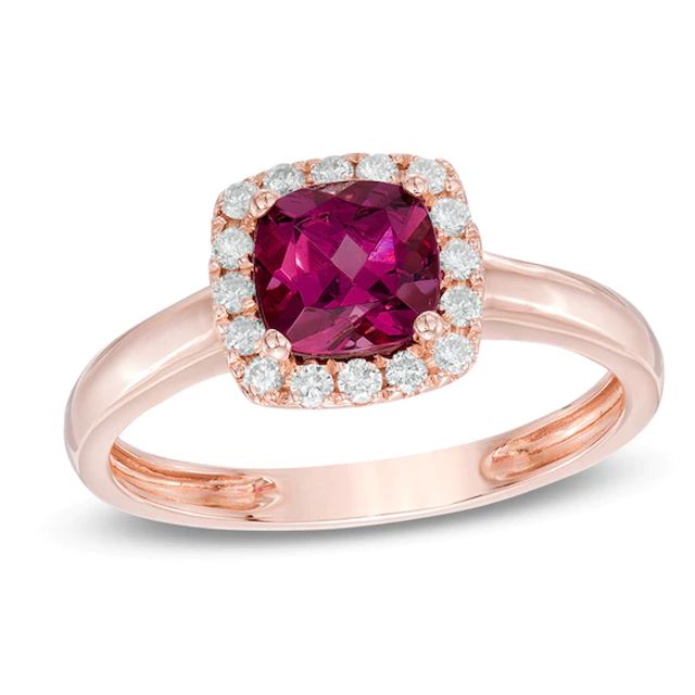 6.0mm Cushion-Cut Rhodolite Garnet and 1/6 CT. T.w. Diamond Frame Ring in 10K Rose Gold