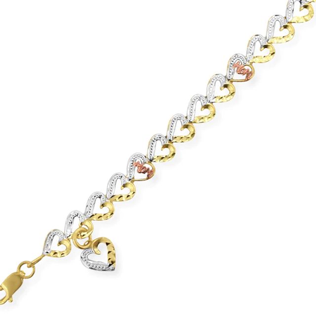 Diamond-Cut Mom Heart Link Bracelet in 10K Tri-Tone Gold