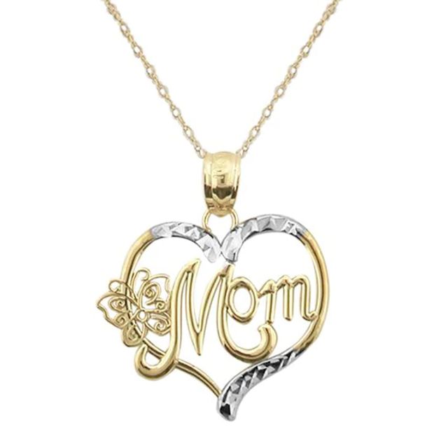 Diamond-Cut Mom with Butterfly Heart Pendant in 10K Two-Tone Gold