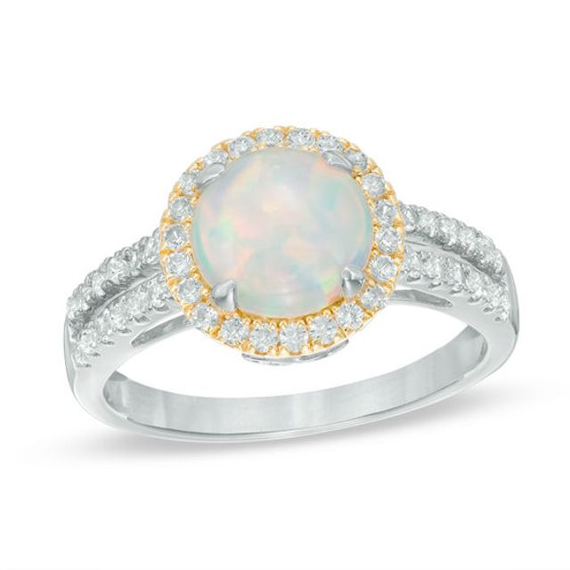 8.0mm Lab-Created Opal and White Sapphire Frame Split Shank Ring in Sterling Silver and 14K Gold Plate