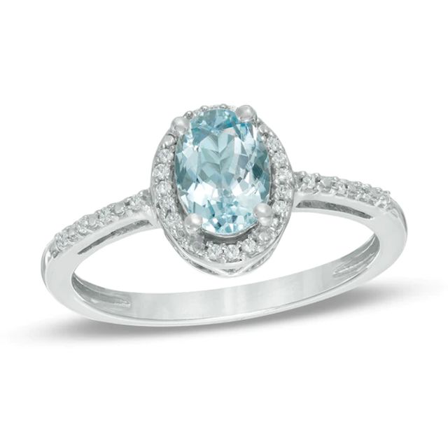 Oval Aquamarine and Lab-Created White Sapphire Frame Ring in 10K White Gold