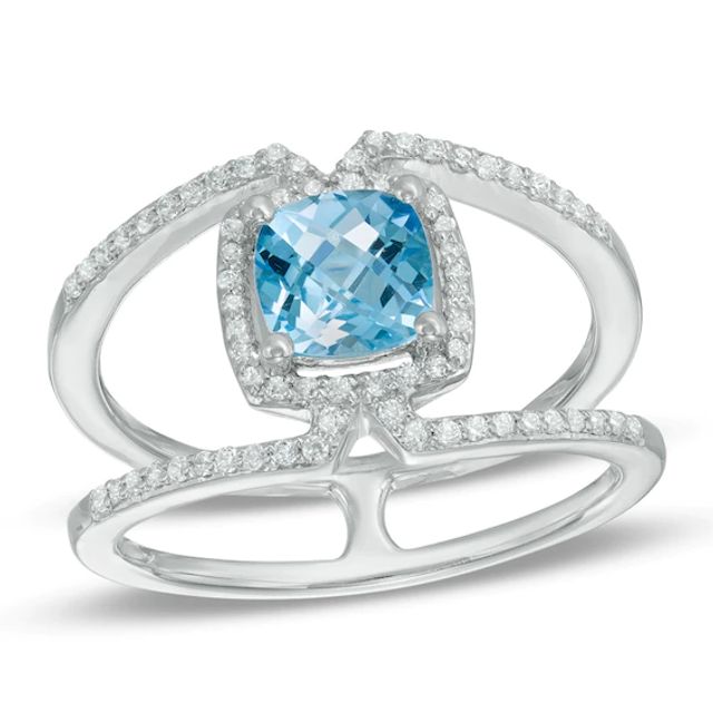 6.0mm Cushion-Cut Blue Topaz and Lab-Created White Sapphire Frame Ring in Sterling Silver