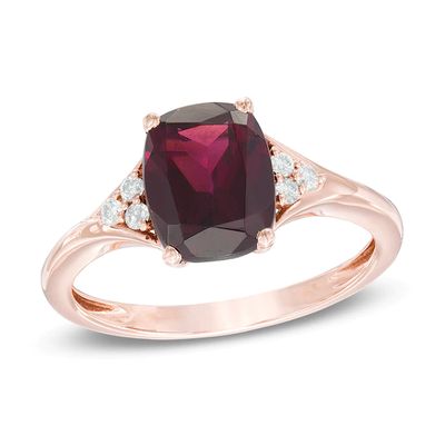 Cushion-Cut Rhodolite Garnet and Diamond Accent Tri-Sides Ring in 10K Rose Gold