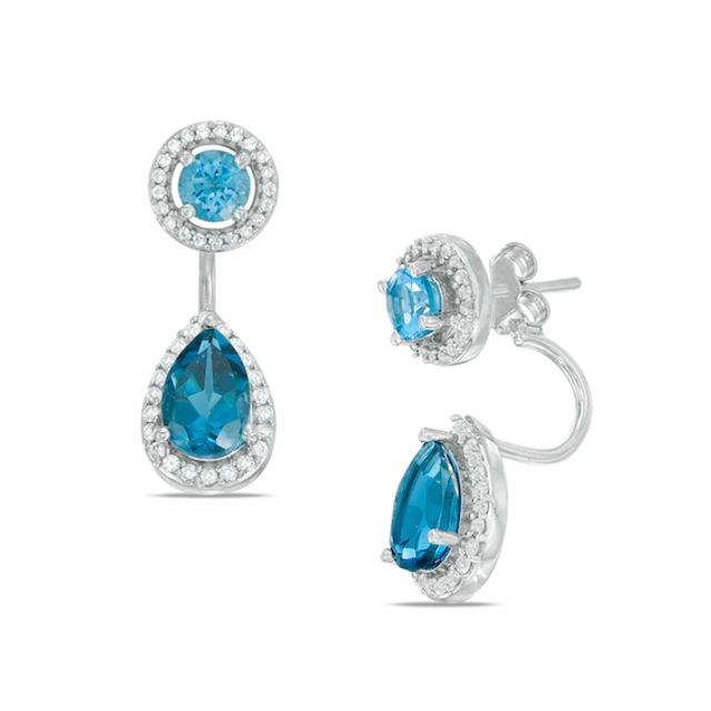 Pear-Shaped London and Swiss Blue Topaz with Lab-Created White Sapphire Frame Curved Drop Earrings in Sterling Silver