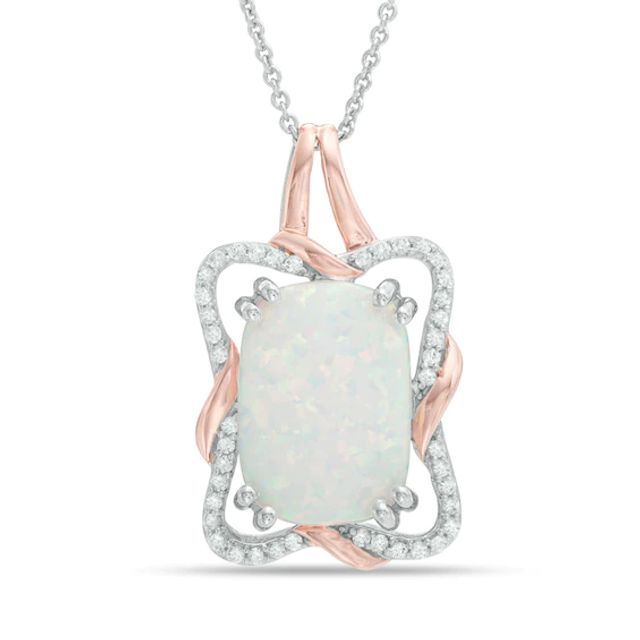 Cushion-Cut Lab-Created Opal and White Sapphire Twist Frame Pendant in Sterling Silver and 14K Rose Gold Plate