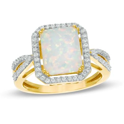 Octagon Lab-Created Opal and White Sapphire Frame Ring in 10K Gold