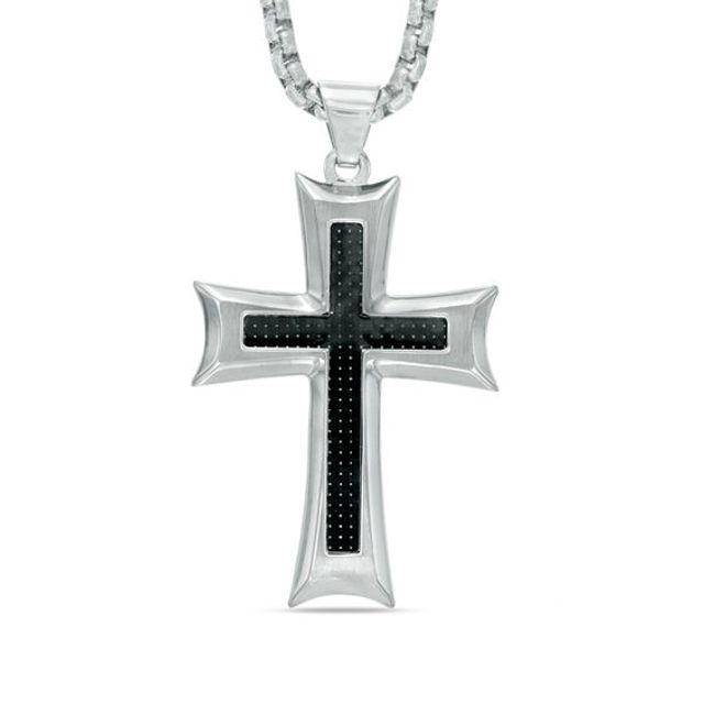 Men's Carbon Fiber Stacked Cross Pendant in Stainless Steel - 24"