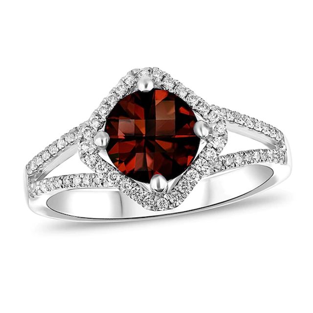 7.0mm Garnet and 1/4 CT. T.w. Diamond Tilted Frame Split Shank Ring in 14K White Gold