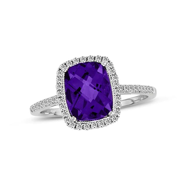 Cushion-Cut Amethyst and 1/5 CT. T.w. Diamond Frame Ring in 14K White Gold
