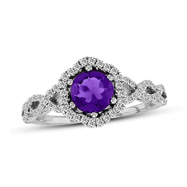 6.0mm Amethyst and 1/3 CT. T.w. Diamond Twist Frame Ring in 14K White Gold