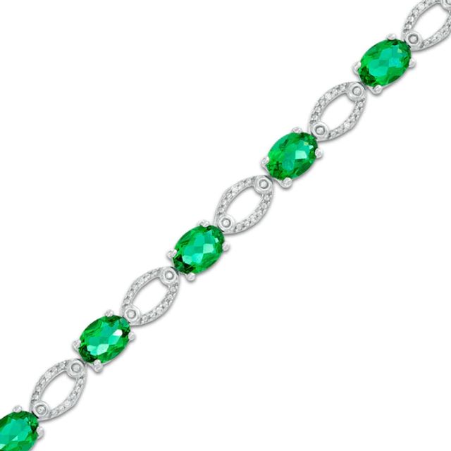 Oval Lab-Created Emerald and Diamond Accent Bracelet in Sterling Silver - 7.5"