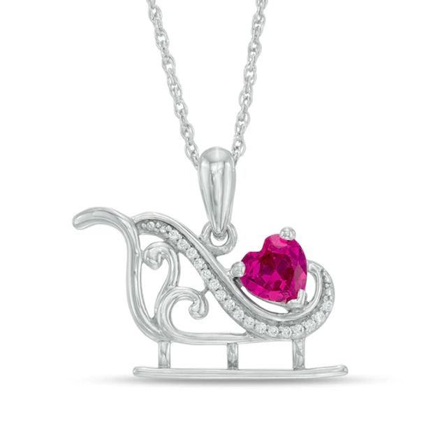 5.0mm Heart-Shaped Lab-Created Ruby and Diamond Accent Sleigh Pendant in Sterling Silver