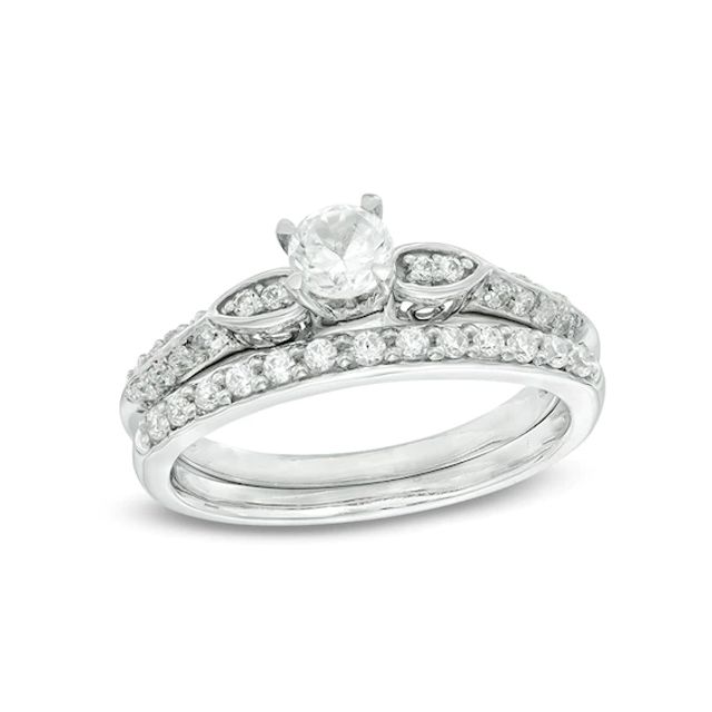 4.0mm Lab-Created White Sapphire and 1/5 CT. T.w. Diamond Bridal Set in 10K White Gold