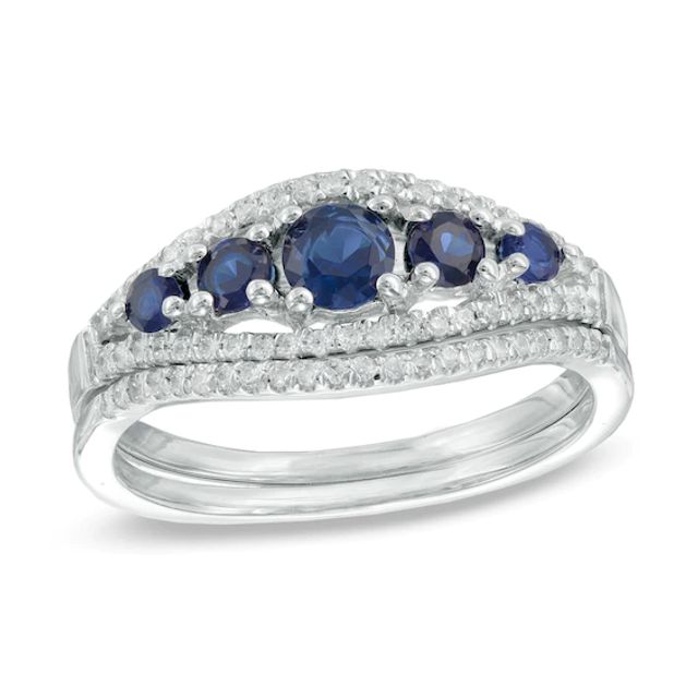 Lab-Created Blue Sapphire and 1/4 CT. T.w. Diamond Five Stone Bridal Set in 10K White Gold