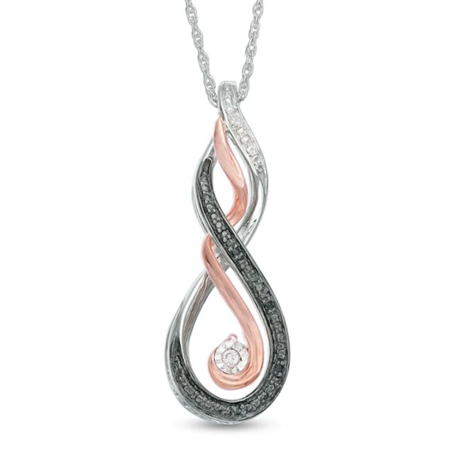 Enhanced Black and White Diamond Accent Mom Infinity Pendant in Sterling Silver and 10K Rose Gold