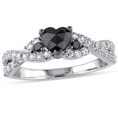 1/2 CT. T.w. Enhanced Black Heart-Shaped Diamond and Lab-Created White Sapphire Twist Ring in Sterling Silver