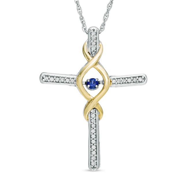 Lab-Created Blue Sapphire and 1/8 CT. T.w. Diamond Cross Pendant in Sterling Silver and 10K Gold