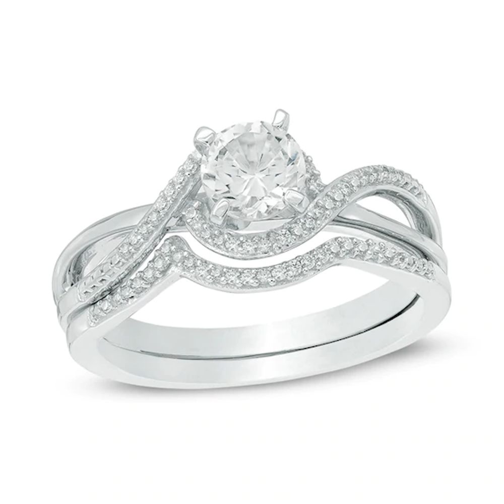 5.5mm Lab-Created White Sapphire and 1/10 CT. T.w. Diamond Swirl Frame Bridal Set in Sterling Silver