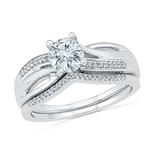 6.0mm Lab-Created White Sapphire and 1/10 CT. T.w. Diamond Slant Bridal Set in Sterling Silver